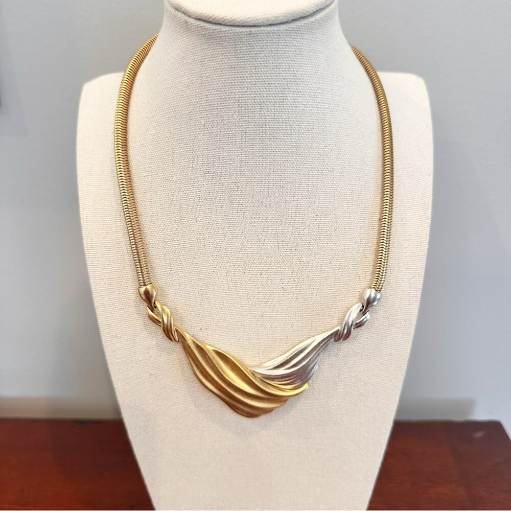 Monet Vintage Gold Silver Sculptural Necklace 16” Choker 1980 Retro VTG Jewelry
